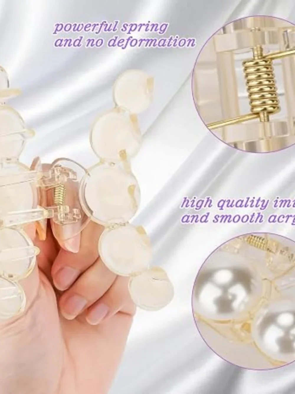 Pearl Hair Claw Clips, Large Barrettes for Thin, Thick, Curly or Long Hair, Whit